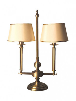 Lampa stołowa Oktawia, klasyczna, mosiężna stołowa lampa 2 płomienna z abażurem