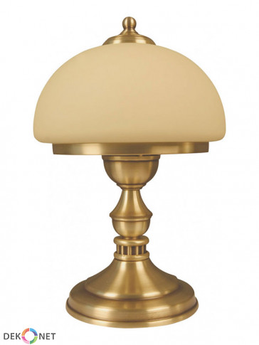 Lampa stojąca Szafir, klasyczna mosiężna lampa stołowa, klosz w kolorze ecru na masywnej mosiężnej podstawie. 1 płomienna.