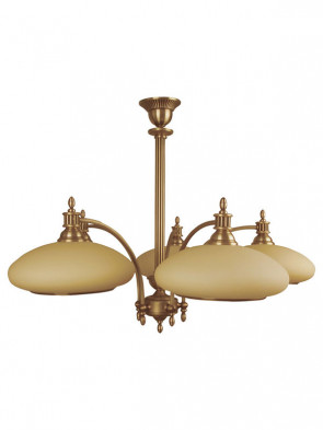 Lampa wisząca Wenus 5 płomienna, klasyczny mosiężny żyrandol, ze zgrabnymi szklanymi kloszami w kolorze ecru.