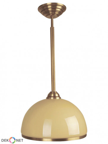 Lampa wisząca Kier 1 płomienna. Klasyczny krótka lampa wisząca, mosiężna, duzy klosz w kolorze ecru.